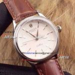 Perfect Replica Rolex Cellini White Shell Face Stainless Steel Fluted Bezel Brown Leather 39mm Men's Watch